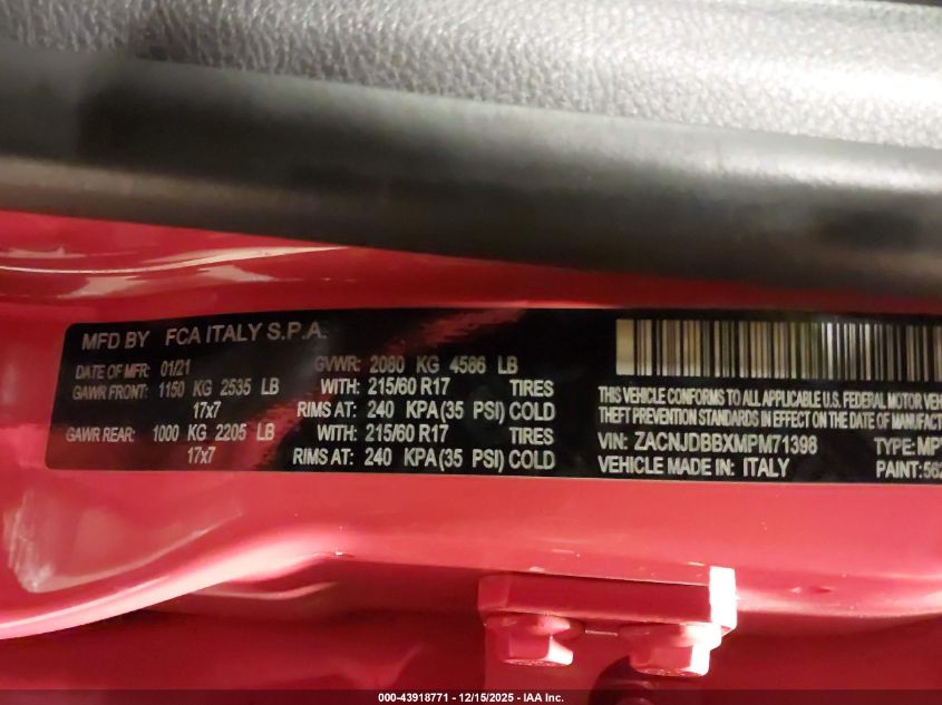 2021 Jeep Renegade Latitude 4X4 VIN: ZACNJDBBXMPM71398 Lot: 43918771