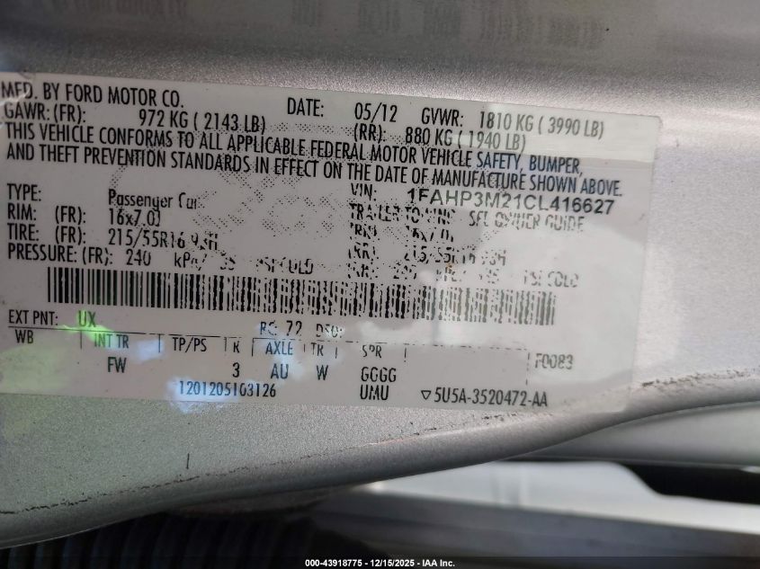 2012 Ford Focus Sel VIN: 1FAHP3M21CL416627 Lot: 43918775