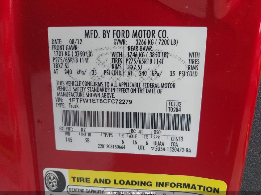 2012 Ford F-150 Fx4 VIN: 1FTFW1ET8CFC72279 Lot: 43918785