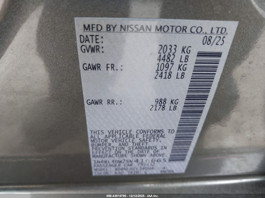 2025 Nissan Altima Sv Awd VIN: 1N4BL4DW2SN416665 Lot: 43918790