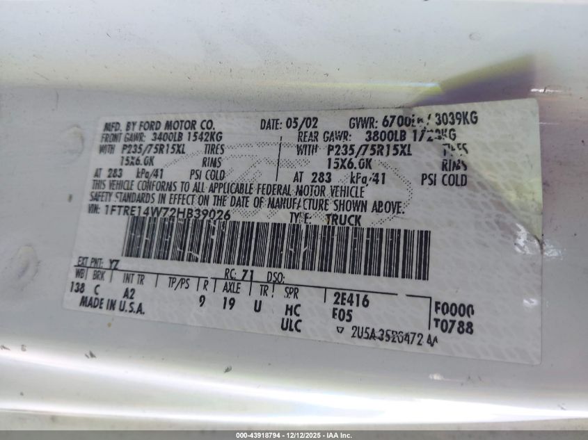 2002 Ford E-150 Commercial/Recreational VIN: 1FTRE14W72HB39026 Lot: 43918794