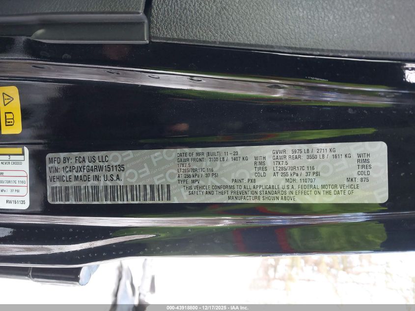 2024 Jeep Wrangler 4-Door Rubicon 4X4 VIN: 1C4PJXFG4RW151135 Lot: 43918800