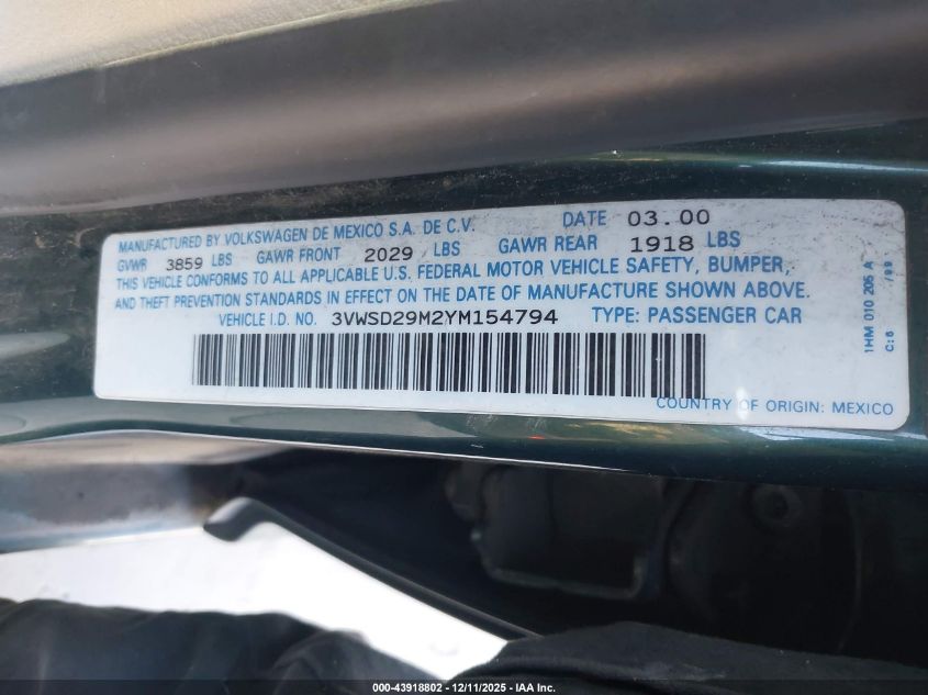 2000 Volkswagen Jetta Gls 1.8L Turbo VIN: 3VWSD29M2YM154794 Lot: 43918802