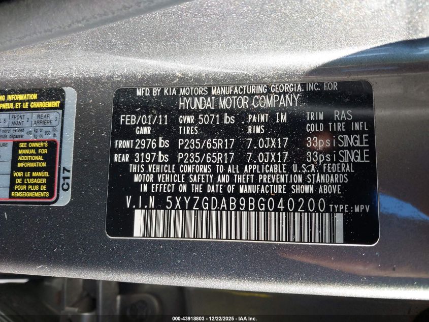 2011 Hyundai Santa Fe Gls VIN: 5XYZGDAB9BG040200 Lot: 43918803