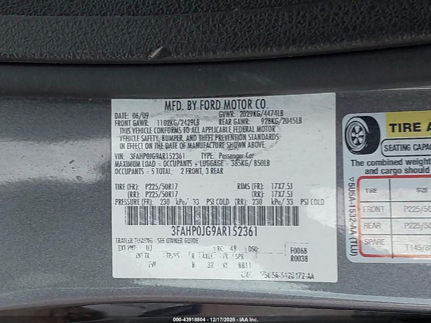 2010 Ford Fusion Sel VIN: 3FAHP0JG9AR152361 Lot: 43918804