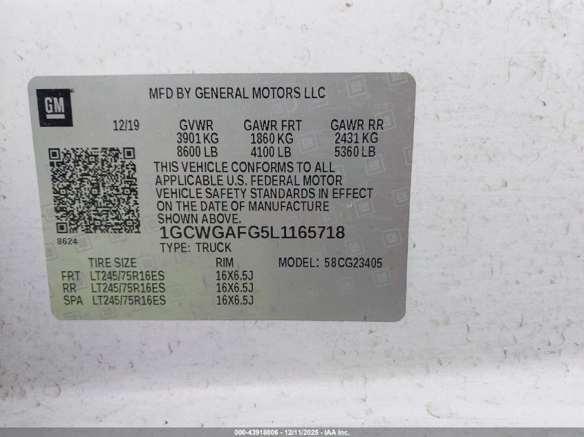 2020 Chevrolet Express Cargo Rwd 2500 Regular Wheelbase Wt VIN: 1GCWGAFG5L1165718 Lot: 43918806