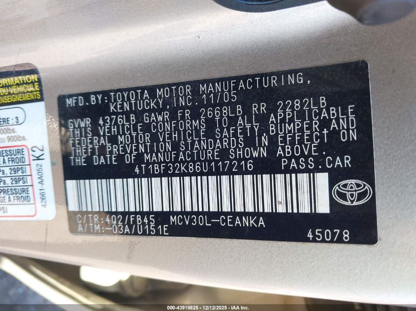 2006 Toyota Camry Le V6 VIN: 4T1BF32K86U117216 Lot: 43918825