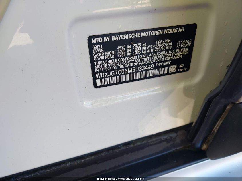 2021 BMW X1 Sdrive28I VIN: WBXJG7C06M5U33449 Lot: 43918834