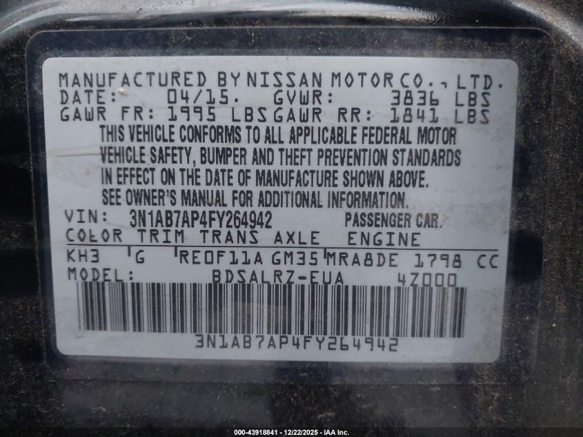 2015 Nissan Sentra Sr VIN: 3N1AB7AP4FY264942 Lot: 43918841