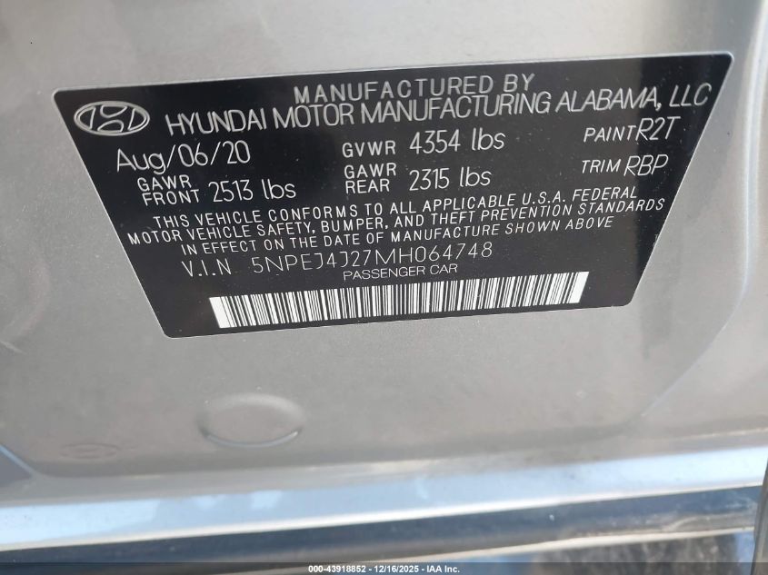 2021 Hyundai Sonata Sel Plus VIN: 5NPEJ4J27MH064748 Lot: 43918852