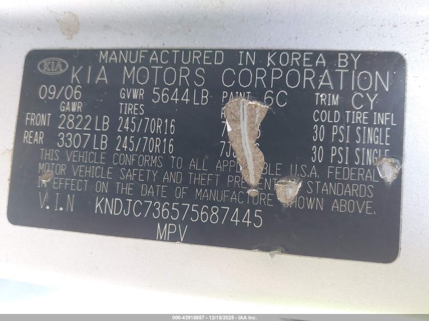 2007 Kia Sorento Lx VIN: KNDJC736575687445 Lot: 43918857