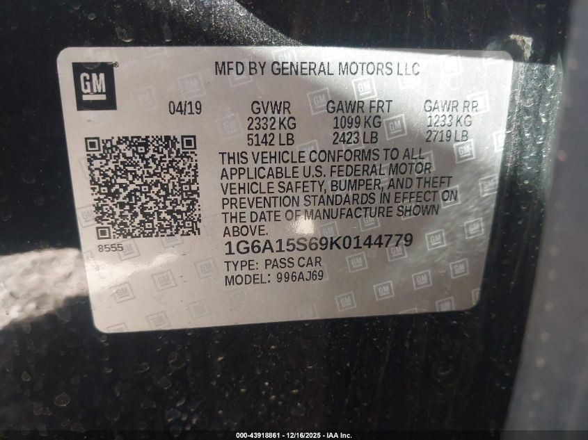 2019 Cadillac Cts-V VIN: 1G6A15S69K0144779 Lot: 43918861