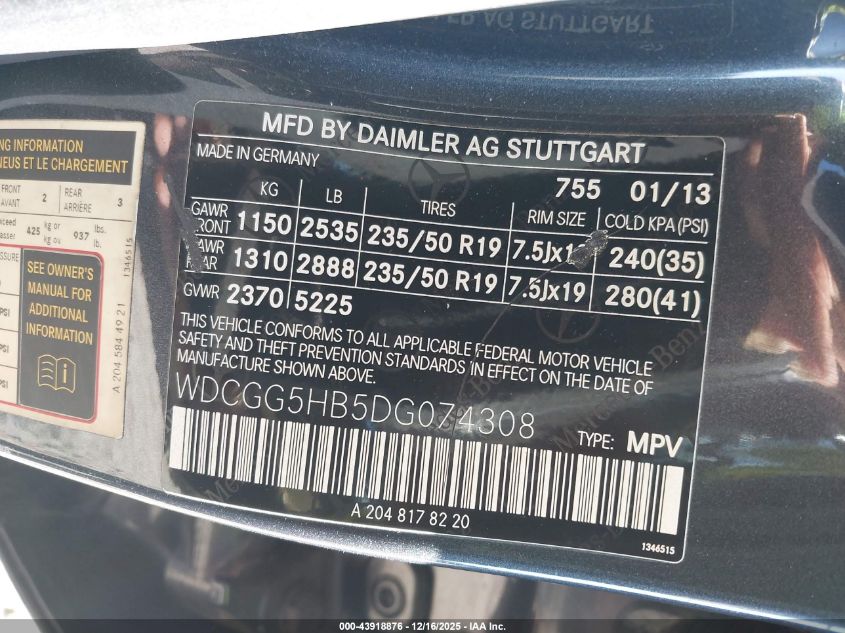 2013 Mercedes-Benz Glk 350 VIN: WDCGG5HB5DG074308 Lot: 43918876