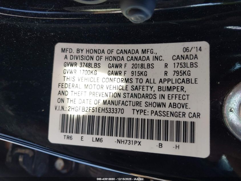 2014 Honda Civic Lx VIN: 2HGFB2F51EH533370 Lot: 43918880