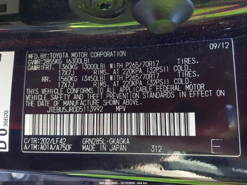 2013 Toyota 4Runner Sr5 VIN: JTEBU5JR0D5113992 Lot: 43918882