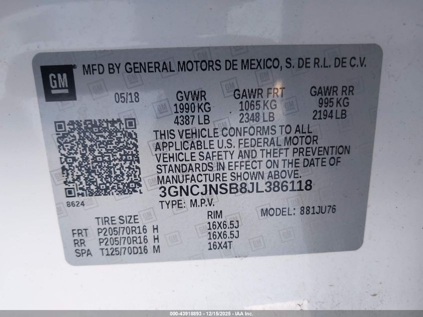 2018 Chevrolet Trax Ls VIN: 3GNCJNSB8JL386118 Lot: 43918893