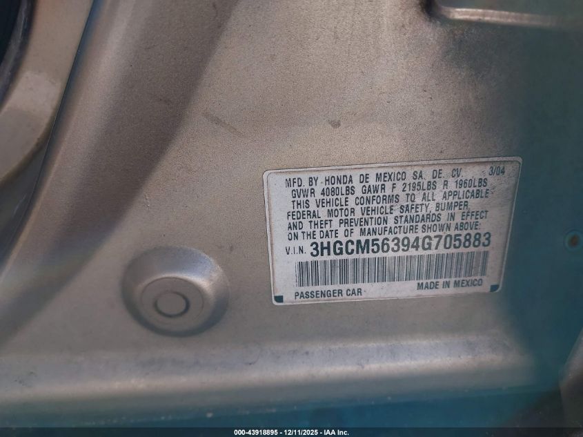 2004 Honda Accord 2.4 Lx VIN: 3HGCM56394G705883 Lot: 43918895