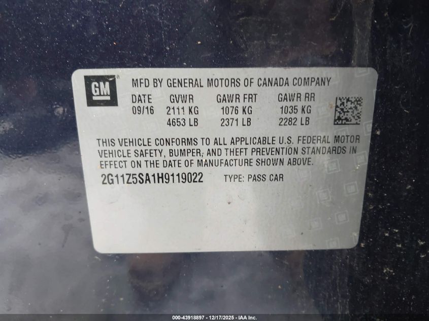 2017 Chevrolet Impala Ls VIN: 2G11Z5SA1H9119022 Lot: 43918897