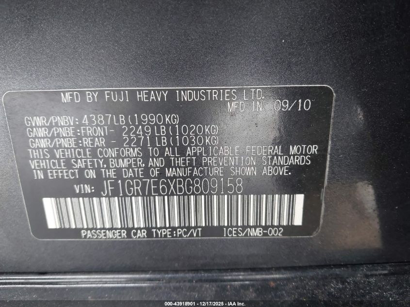 2011 Subaru Impreza Wrx Premium VIN: JF1GR7E6XBG809158 Lot: 43918901