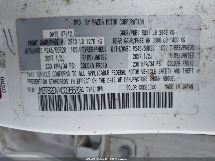 2012 Mazda Cx-9 Grand Touring VIN: JM3TB2DVXC0365824 Lot: 43918904