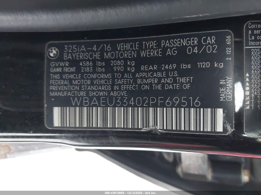2002 BMW 325Xi VIN: WBAEU33402PF69516 Lot: 43918905