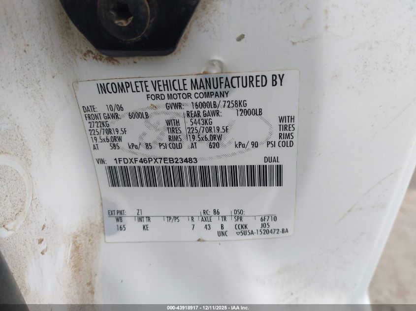 2007 Ford F-450 Chassis Xl/Xlt VIN: 1FDXF46PX7EB23483 Lot: 43918917
