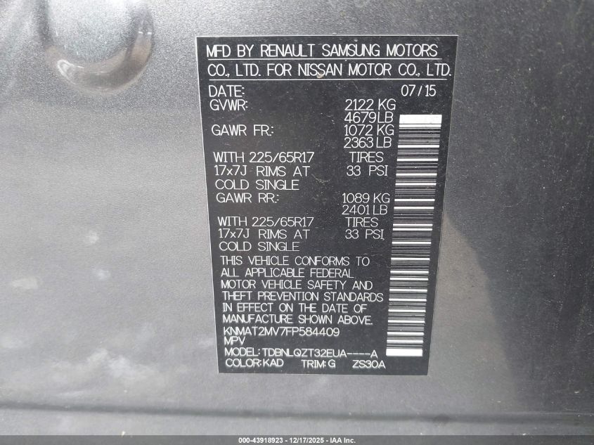 2015 Nissan Rogue Sv VIN: KNMAT2MV7FP584409 Lot: 43918923