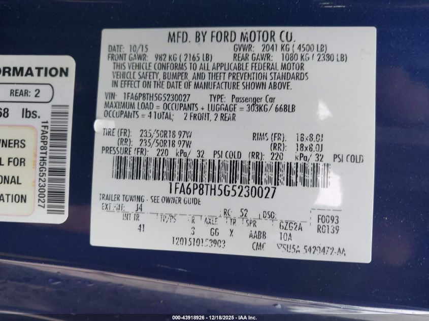 2016 Ford Mustang Ecoboost VIN: 1FA6P8TH5G5230027 Lot: 43918926