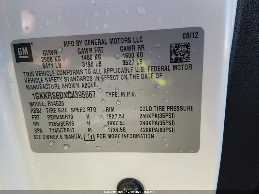 2012 GMC Acadia Slt-2 VIN: 1GKKRSEDXCJ395667 Lot: 43918928