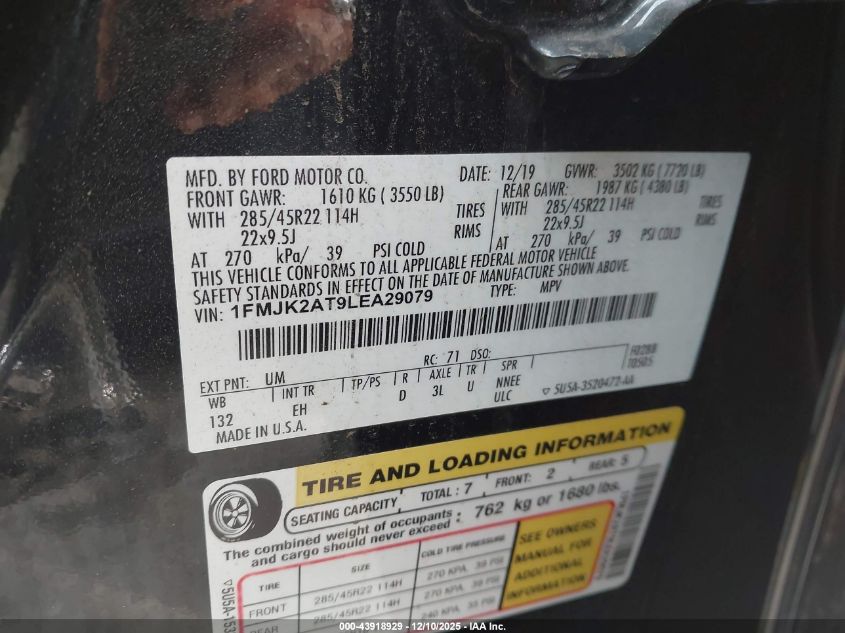 2020 Ford Expedition Limited Max VIN: 1FMJK2AT9LEA29079 Lot: 43918929