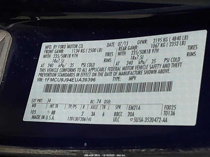 2014 Ford Escape Titanium VIN: 1FMCU9J94EUA39396 Lot: 43918932