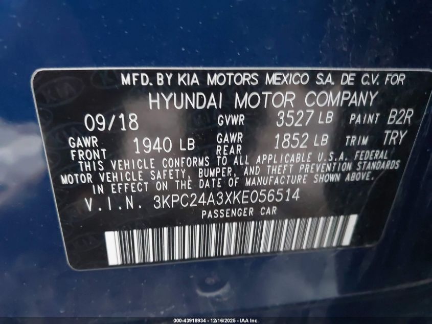 2019 Hyundai Accent Sel VIN: 3KPC24A3XKE056514 Lot: 43918934
