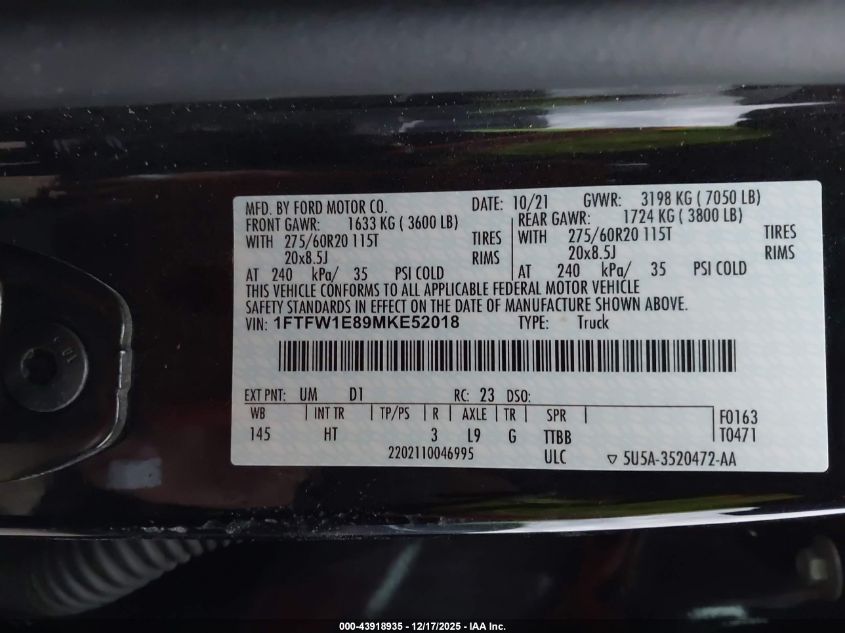 2021 Ford F-150 Lariat VIN: 1FTFW1E89MKE52018 Lot: 43918935