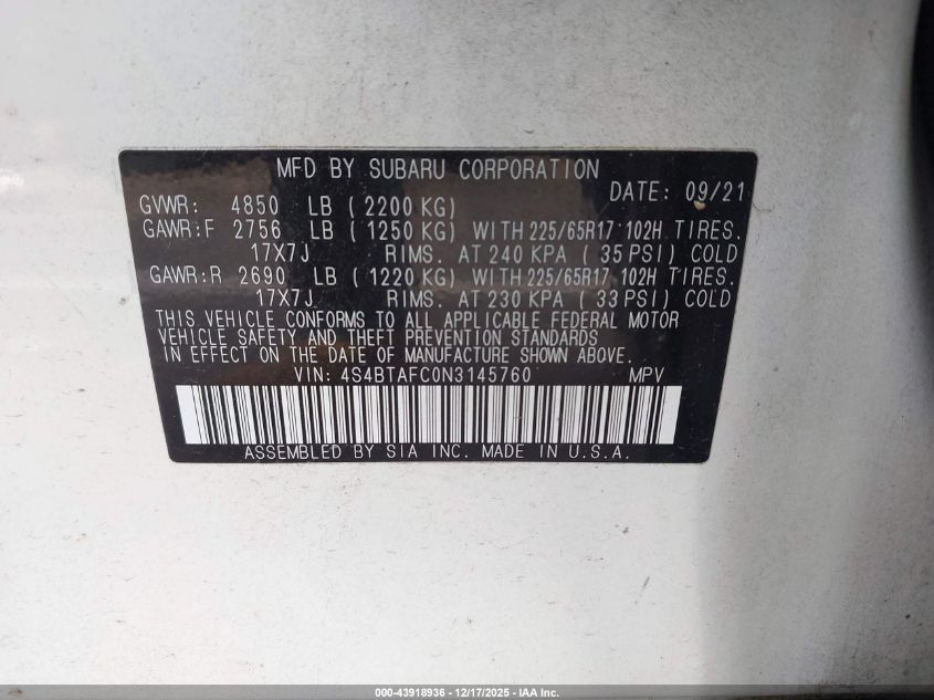 2022 Subaru Outback Premium VIN: 4S4BTAFC0N3145760 Lot: 43918936