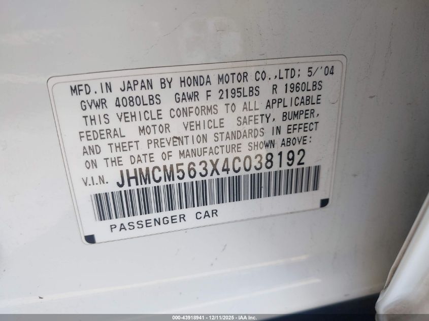 2004 Honda Accord 2.4 Lx VIN: JHMCM563X4C038192 Lot: 43918941