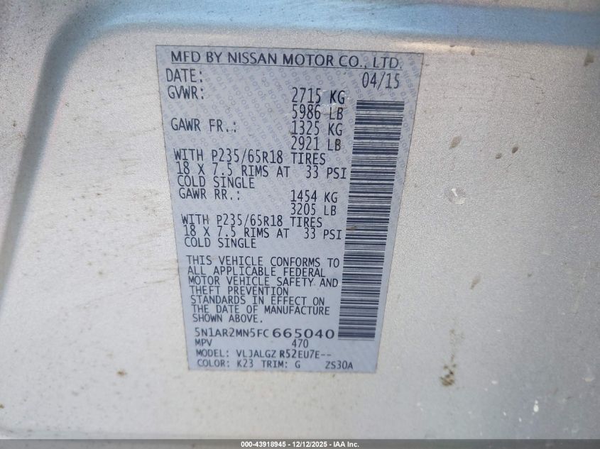 2015 Nissan Pathfinder Sl VIN: 5N1AR2MN5FC665040 Lot: 43918945