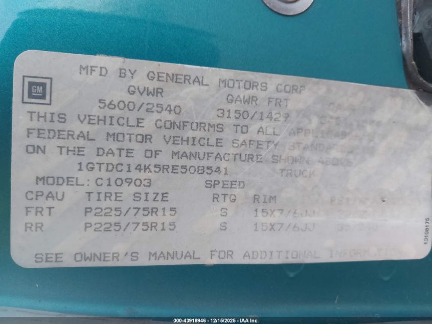 1994 GMC Sierra C1500 VIN: 1GTDC14K5RE508541 Lot: 43918946