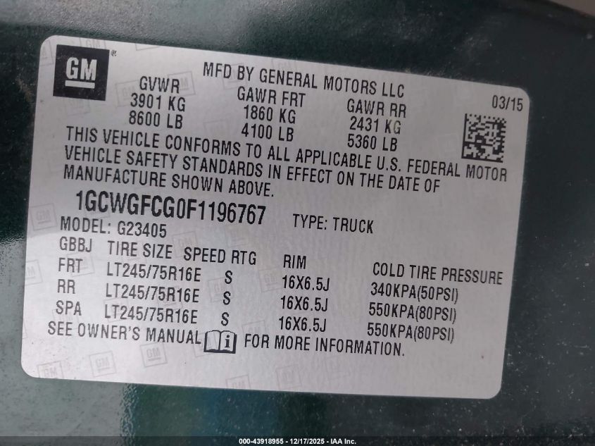 2015 Chevrolet Express 2500 Work Van VIN: 1GCWGFCG0F1196767 Lot: 43918955