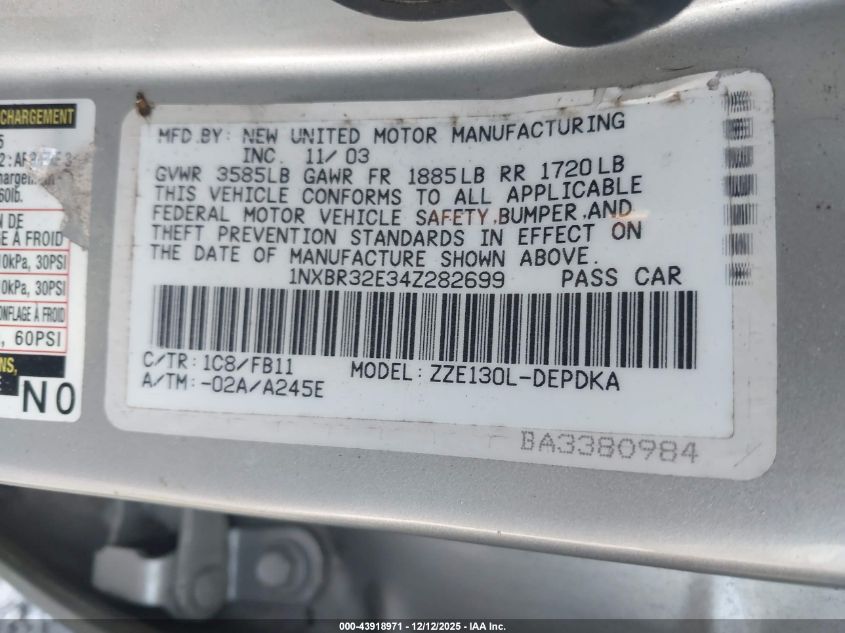 2004 Toyota Corolla Ce VIN: 1NXBR32E34Z282699 Lot: 43918971