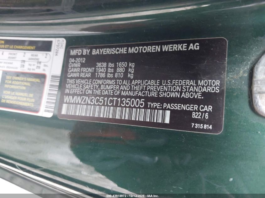 2012 Mini Cooper VIN: WMWZN3C51CT135005 Lot: 43918972