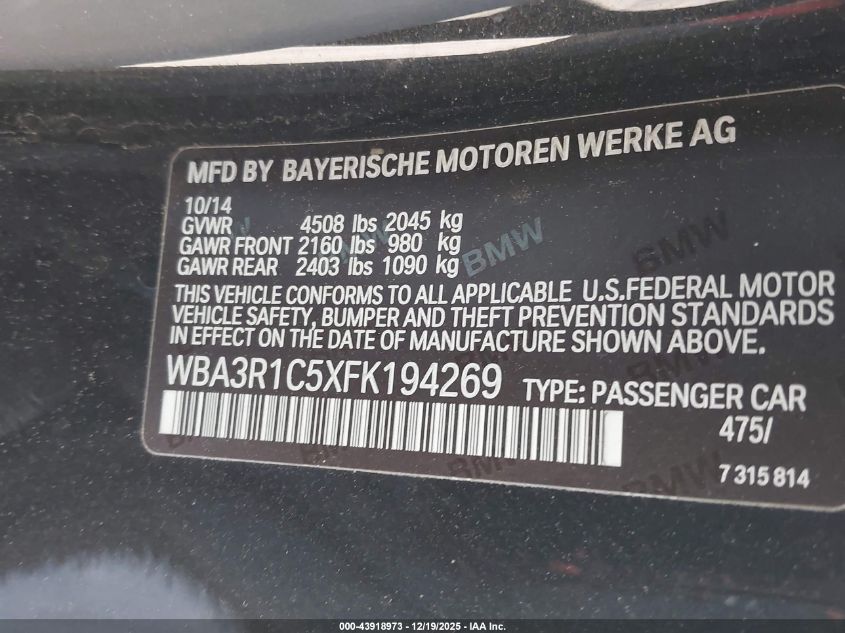 2015 BMW 435I VIN: WBA3R1C5XFK194269 Lot: 43918973