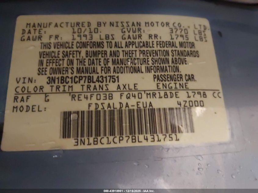 2011 Nissan Versa 1.8S VIN: 3N1BC1CP7BL431751 Lot: 43918981