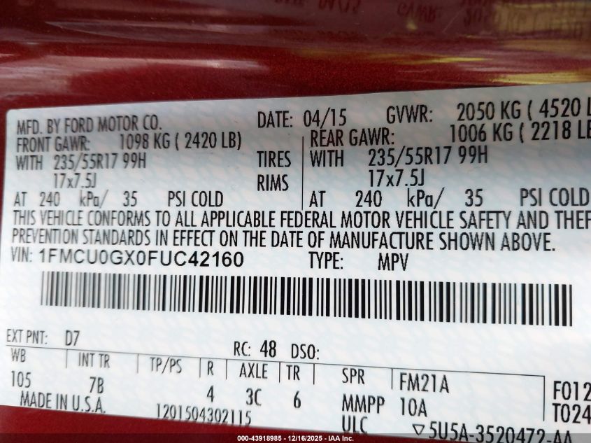 2015 Ford Escape Se VIN: 1FMCU0GX0FUC42160 Lot: 43918985