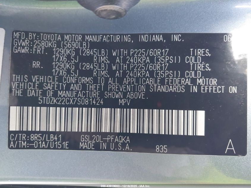 2007 Toyota Sienna Xle Limited VIN: 5TDZK22CX7S081424 Lot: 43919003