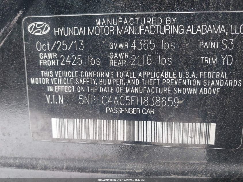 2014 Hyundai Sonata Limited VIN: 5NPEC4AC5EH838659 Lot: 43919006