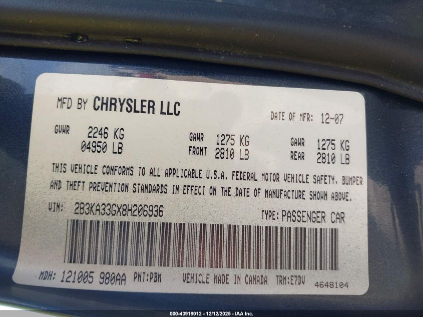 2008 Dodge Charger Sxt VIN: 2B3KA33GX8H206936 Lot: 43919012