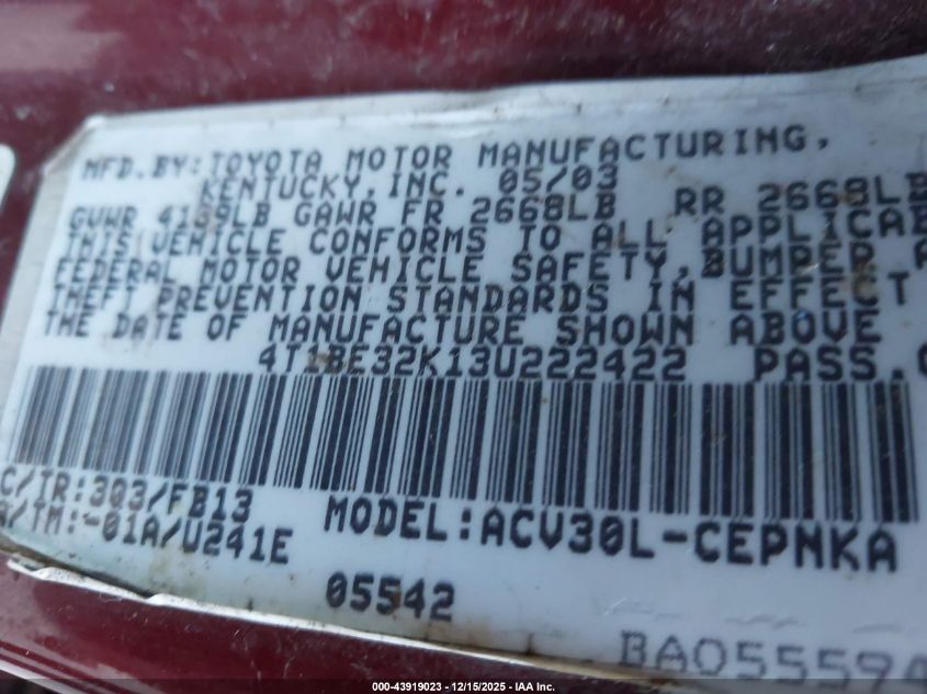 2003 Toyota Camry Le VIN: 4T1BE32K13U222422 Lot: 43919023