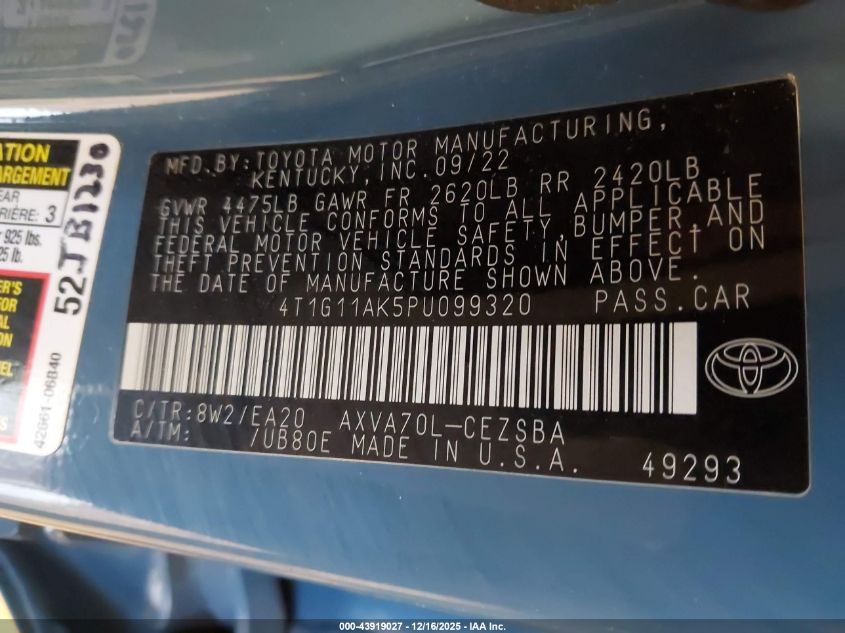 2023 Toyota Camry Se VIN: 4T1G11AK5PU099320 Lot: 43919027