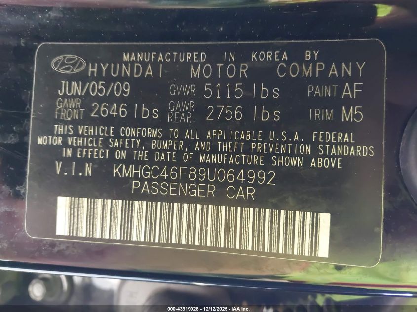 2009 Hyundai Genesis 4.6 VIN: KMHGC46F89U064992 Lot: 43919028