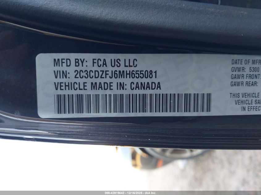 2021 Dodge Challenger R/T Scat Pack VIN: 2C3CDZFJ6MH655081 Lot: 43919043